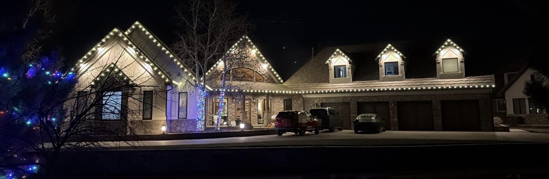 Warm white C9 Christmas lights on every roofline and gable of a large home, with lit tree trunks by the entry